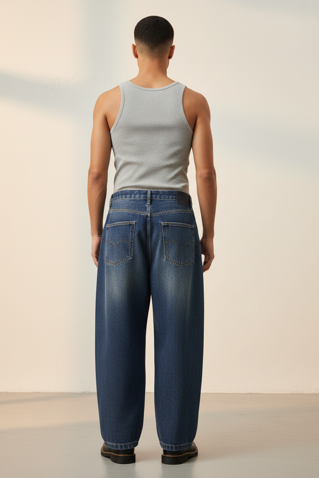 Pantalon Baggy Jean Bleu Délavé Large Décontracté Homme - vue 2