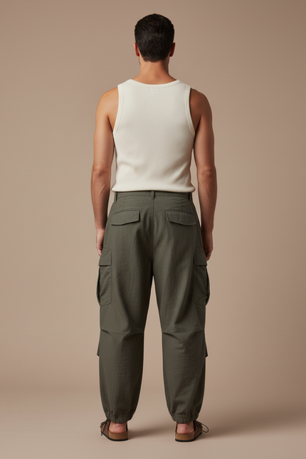 Pantalon Baggy Cargo Vert Kaki Ample Décontracté Homme - Toile - vue 2