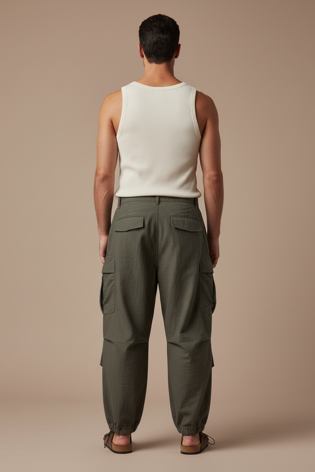 Pantalon Baggy Cargo Vert Kaki Ample Décontracté Homme - Toile - vue 2