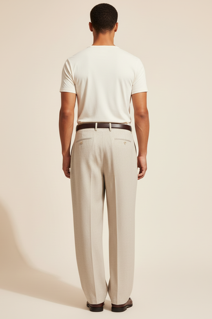 Pantalon Baggy Homme Beige Taille Haute Coton - Lin - vue 2
