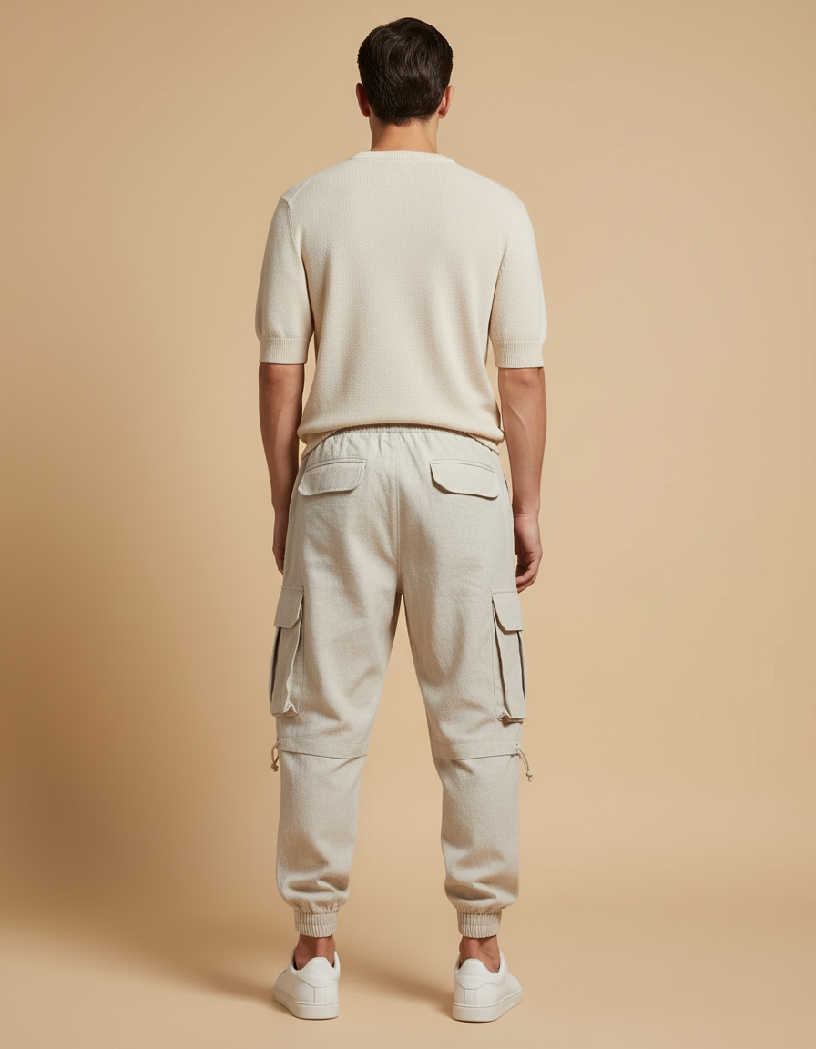 Pantalon Baggy Beige Lin Cargo Ample Homme - vue 2