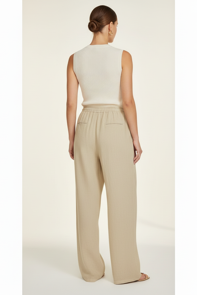 Pantalon Baggy Lin Beige Fluide Taille Cordon Femme - vue 2