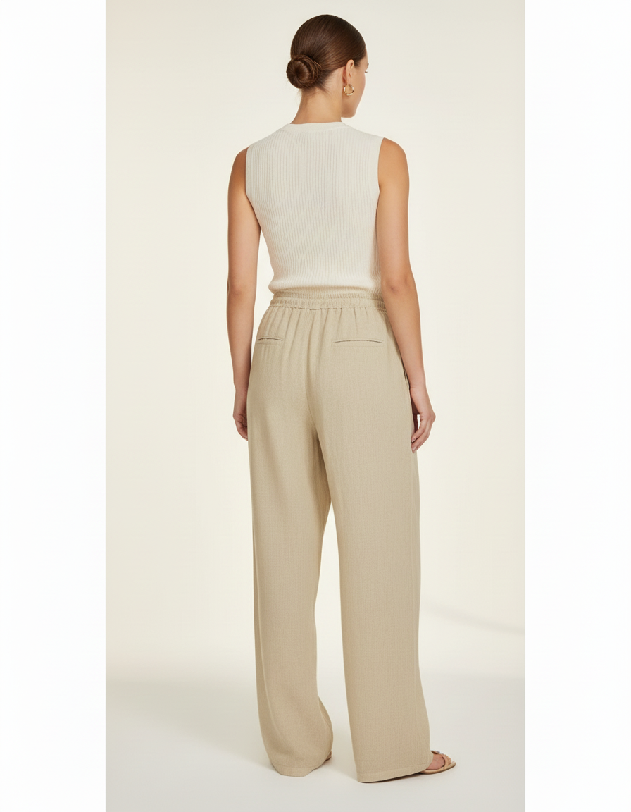 Pantalon Baggy Lin Beige Fluide Taille Cordon Femme - vue 2
