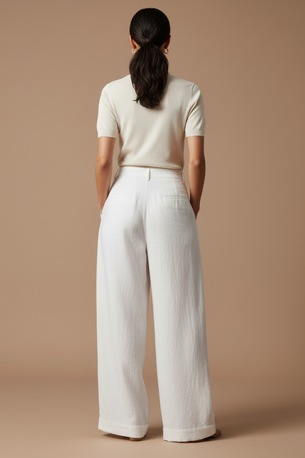 Pantalon Baggy Blanc Lin Ample Plissé Femme - vue 2