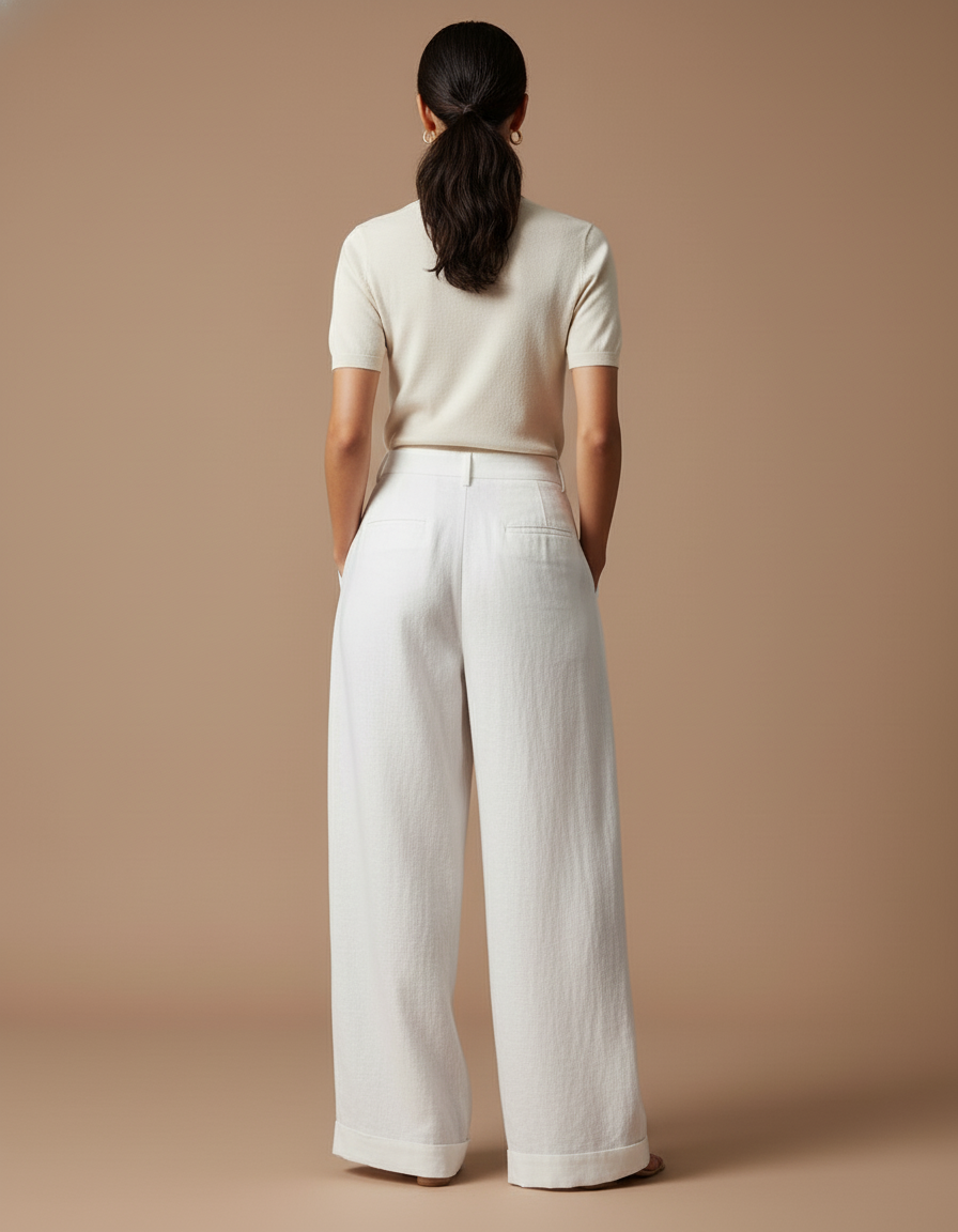 Pantalon Baggy Blanc Lin Ample Plissé Femme - vue 2