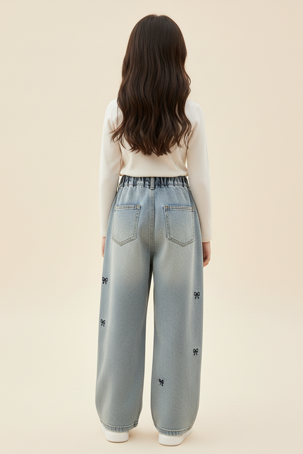 Pantalon Baggy Jean Bleu Brodé Nœuds Fille - vue 2