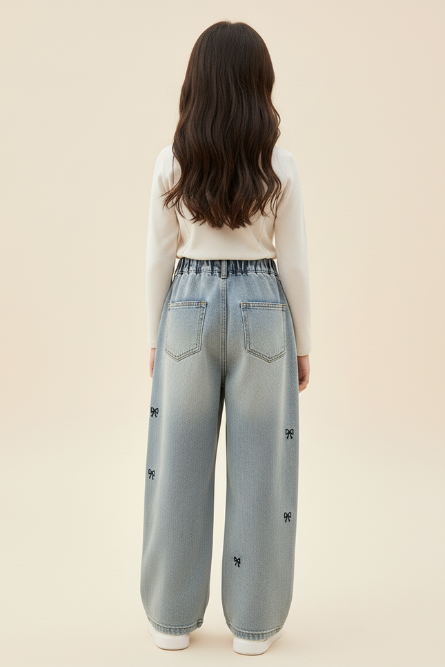 Pantalon Baggy Jean Bleu Brodé Nœuds Fille - vue 2