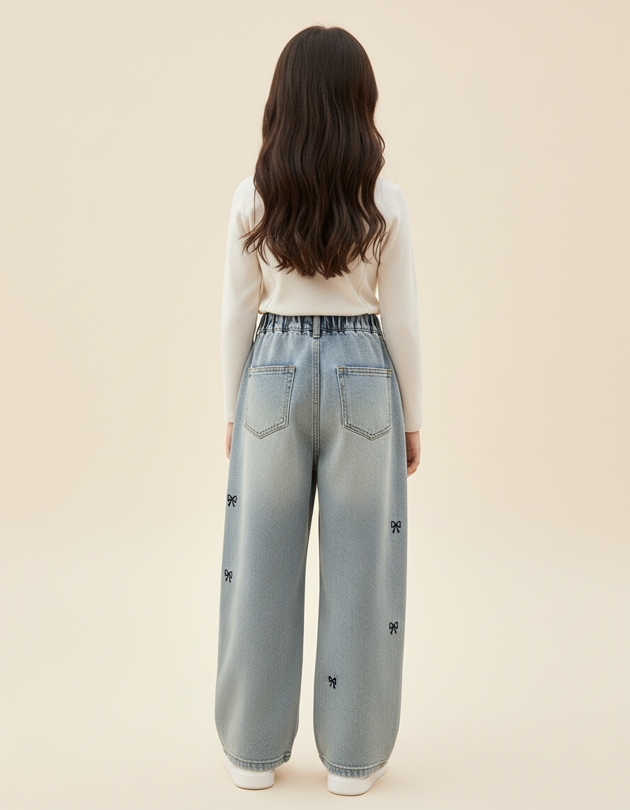 Pantalon Baggy Jean Bleu Brodé Nœuds Fille - vue 2