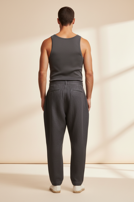 Pantalon Baggy Gris Anthracite Plissé Ample Homme Décontracté - Lin - vue 2
