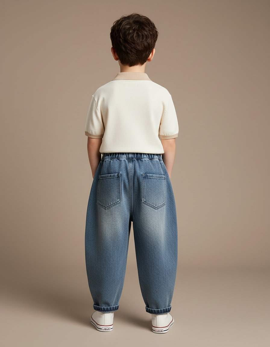 Pantalon Baggy Jean Brodé Ample Décontracté Enfant - Bleu - vue 2