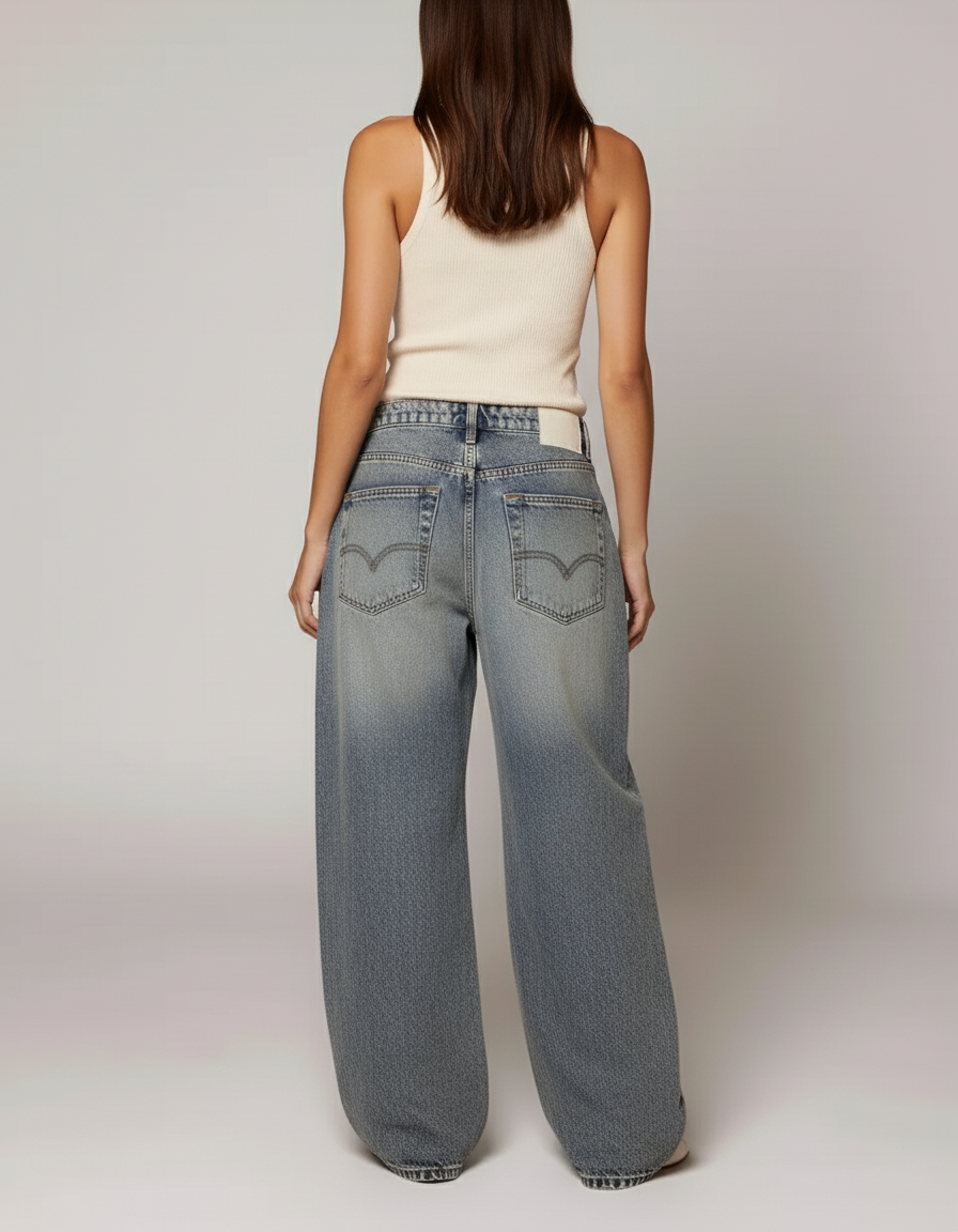 Pantalon Baggy Jean Large Patchwork Bleu Décontracté - vue 2