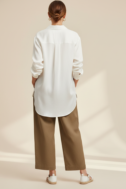 Pantalon Baggy Marron Ample Taille Haute Fluide - Kaki Toile - vue 2
