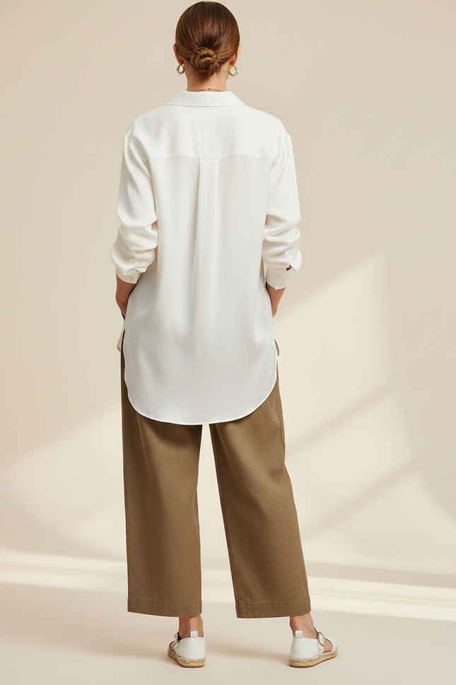Pantalon Baggy Marron Ample Taille Haute Fluide - Kaki Toile - vue 2