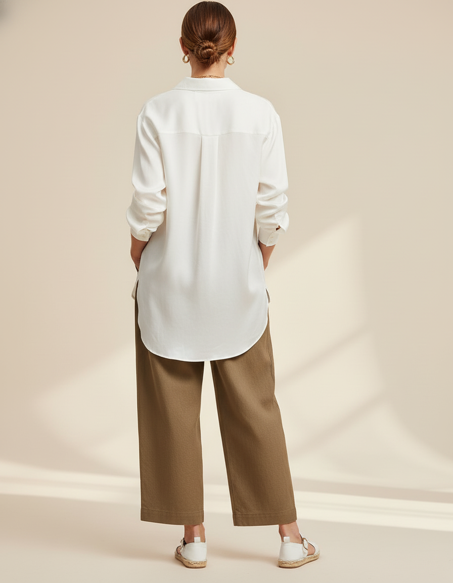 Pantalon Baggy Marron Ample Taille Haute Fluide - Kaki Toile - vue 2
