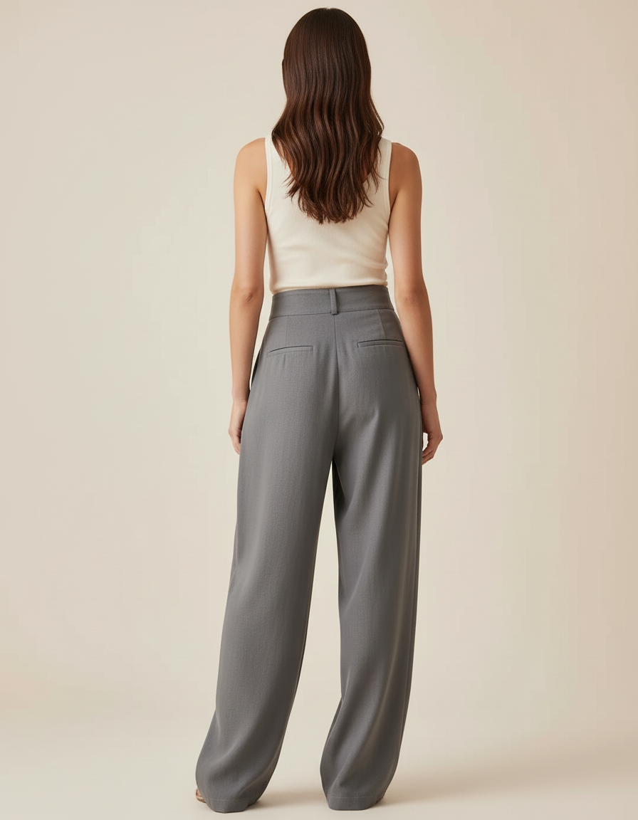 Pantalon Baggy Gris Ample Taille Haute Élégant - Gabardine - vue 2