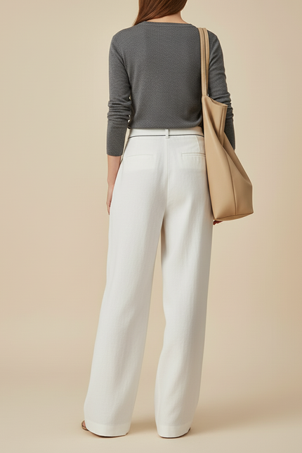 Pantalon Baggy Blanc Lin Ample Taille Haute Femme - vue 2