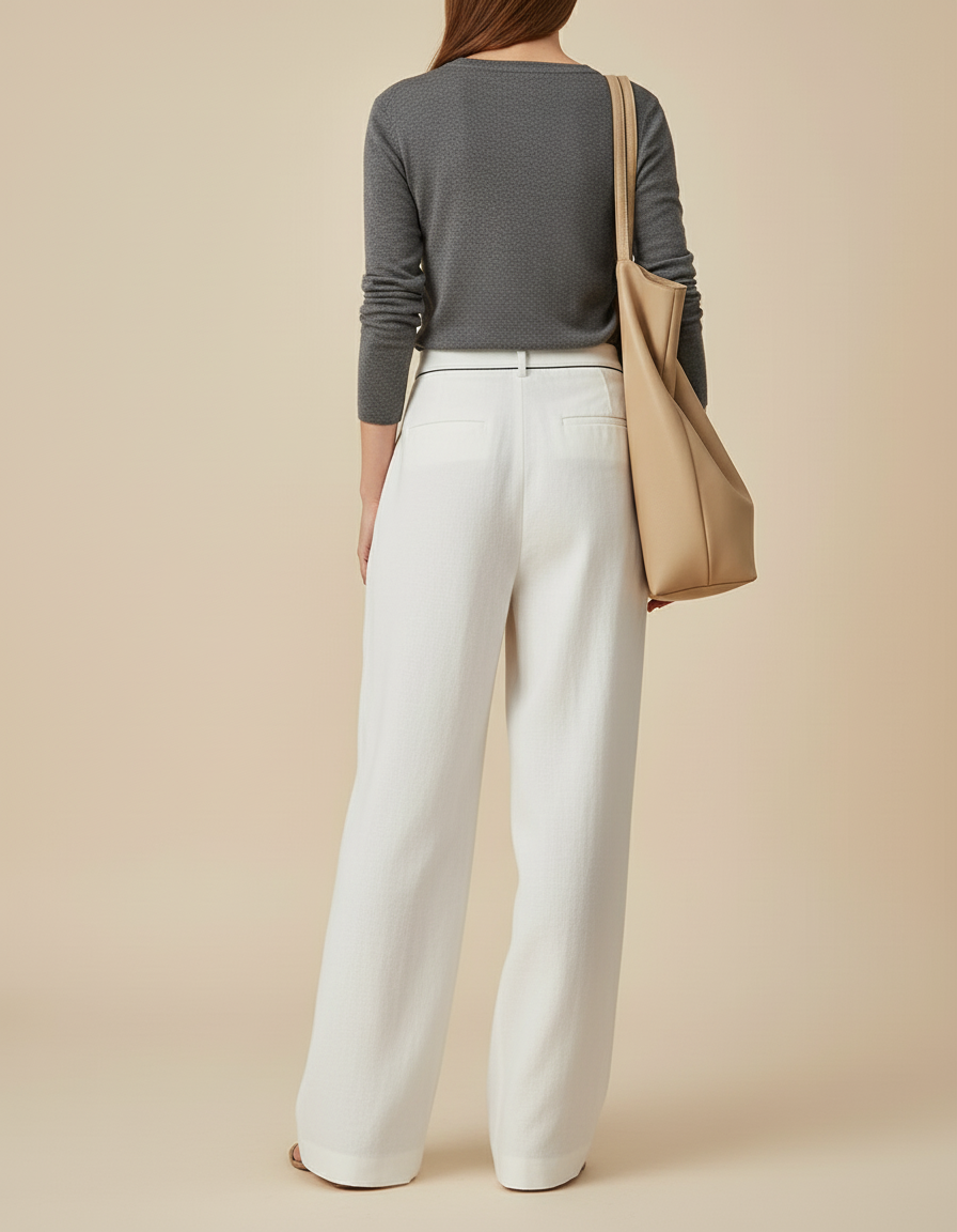 Pantalon Baggy Blanc Lin Ample Taille Haute Femme - vue 2