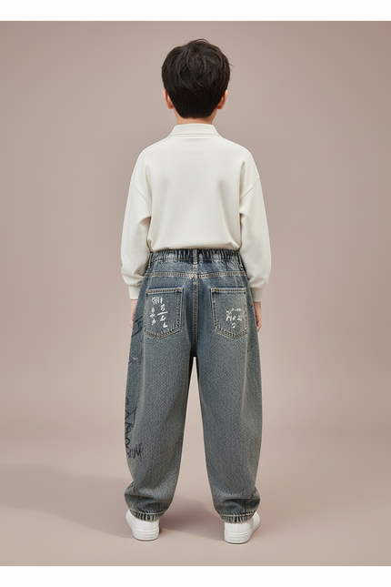 Pantalon Baggy Jean Gris Ample Imprimé Garçon - vue 2