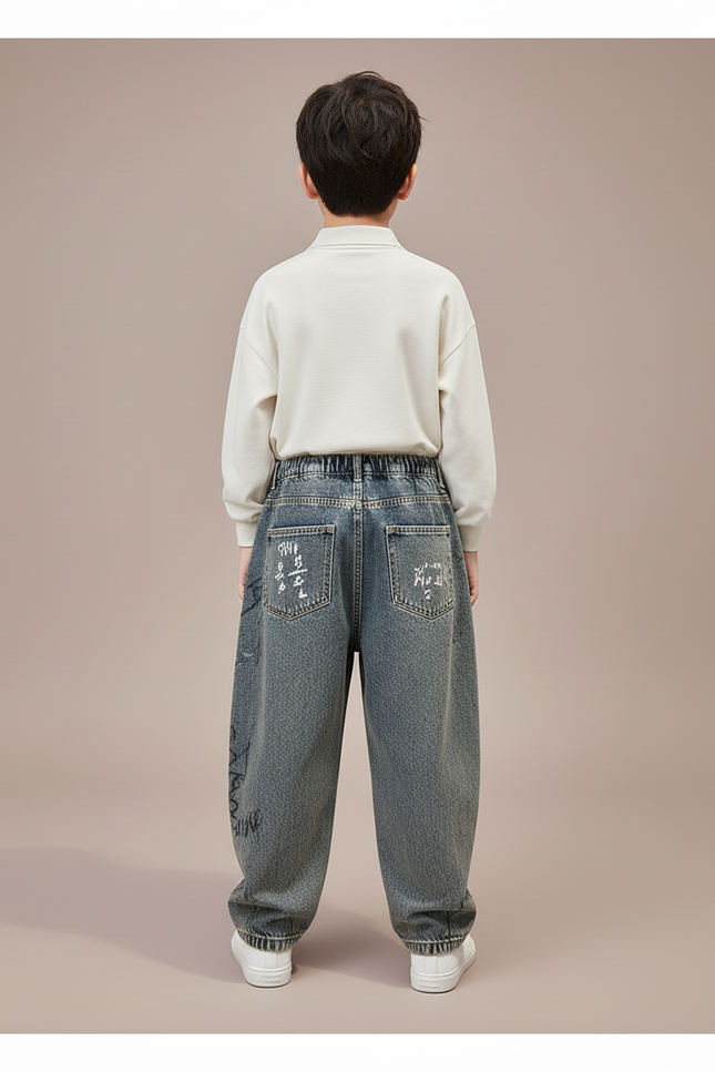 Pantalon Baggy Jean Gris Ample Imprimé Garçon - vue 2