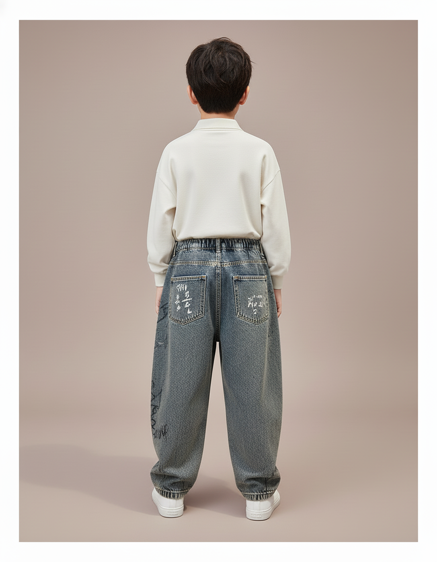 Pantalon Baggy Jean Gris Ample Imprimé Garçon - vue 2