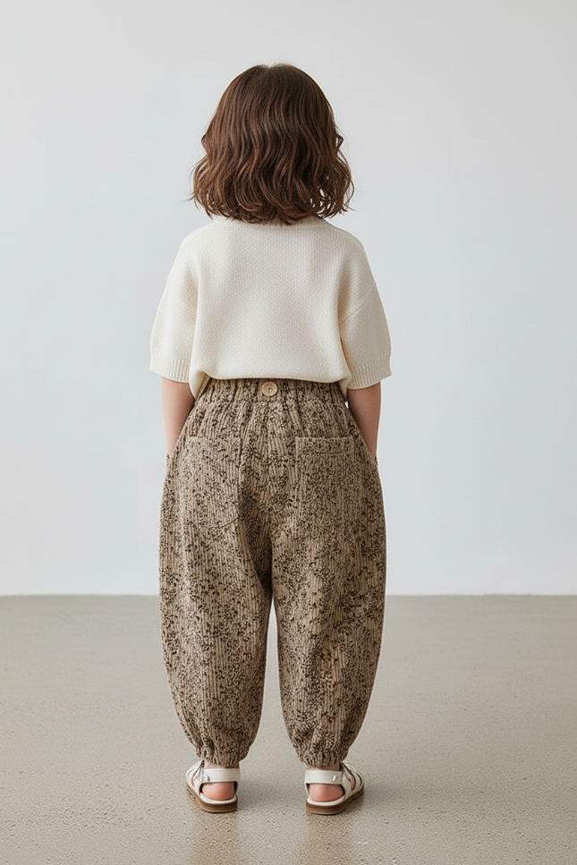 Pantalon Baggy Côtelé Imprimé Floral Ample Marron - Cordé - vue 2