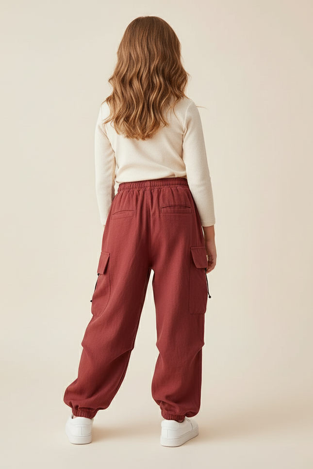Pantalon Baggy Cargo Rouge Ample Enfant Cordon - Bordeaux Lin - vue 2