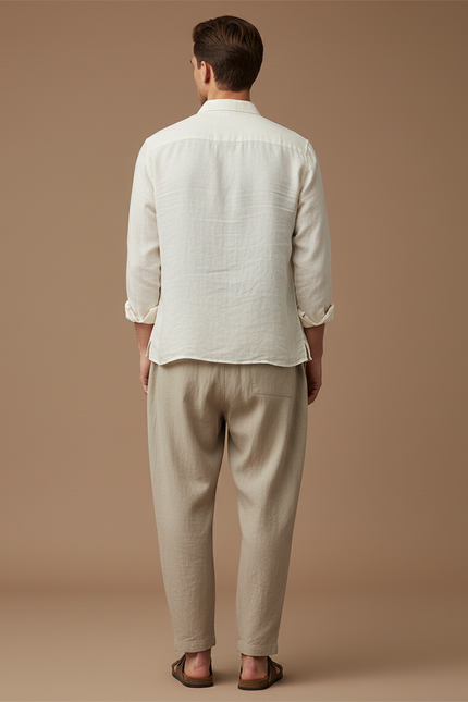 Pantalon Baggy Beige Lin Cordon Ample Décontracté Homme - vue 2