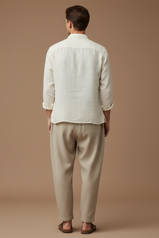 Pantalon Baggy Beige Lin Cordon Ample Décontracté Homme - vue 2