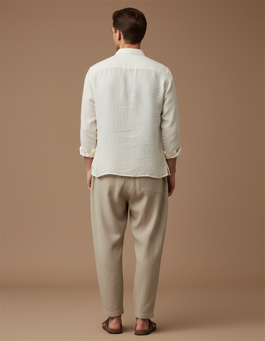Pantalon Baggy Beige Lin Cordon Ample Décontracté Homme - vue 2