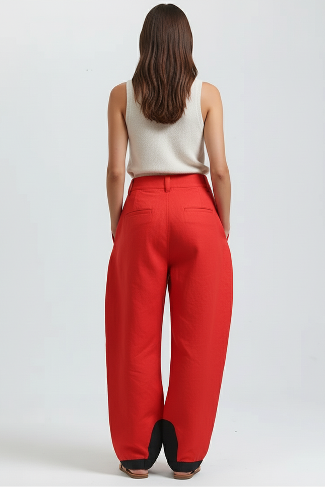 Pantalon Baggy Rouge Ample Plissé Lin Femme - vue 2