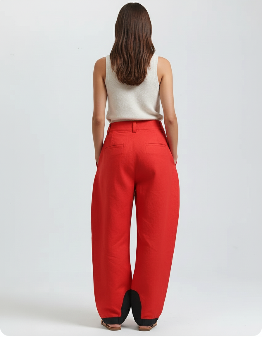 Pantalon Baggy Rouge Ample Plissé Lin Femme - vue 2