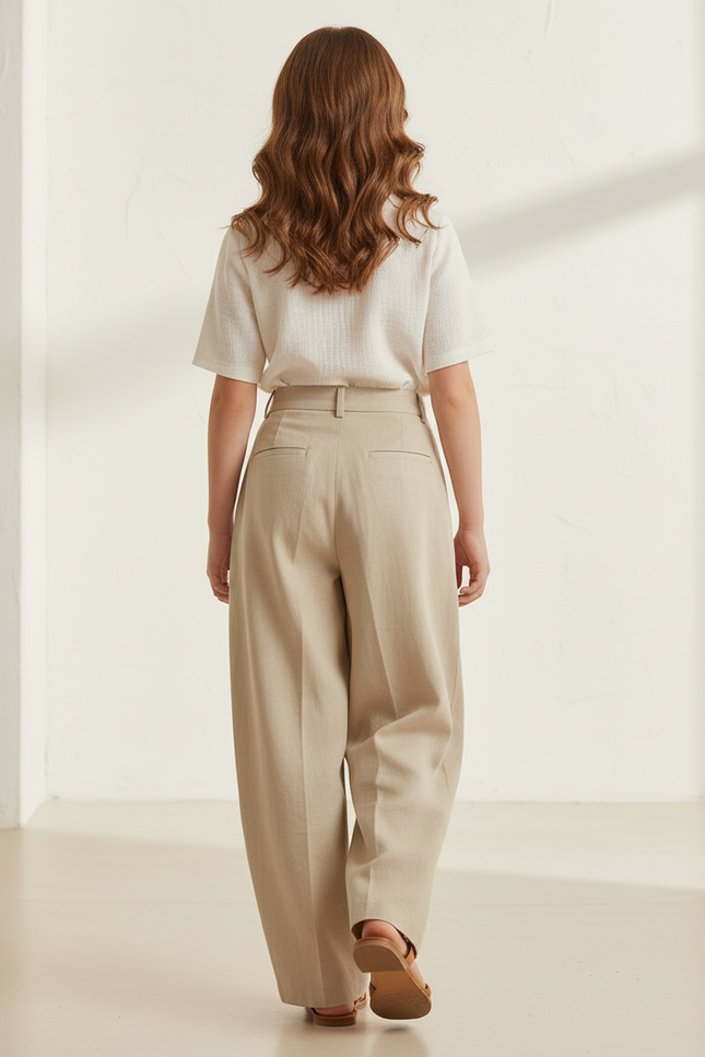 Pantalon Baggy Beige Ample Lin Plissé Fille - vue 2