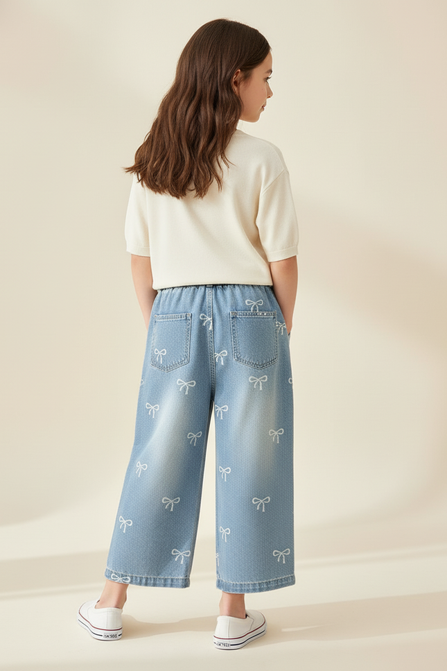 Pantalon Baggy Denim Bleu Nœuds Imprimés Fille Ample - Jean - vue 2