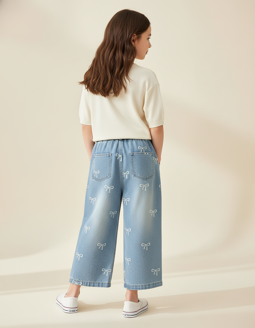 Pantalon Baggy Denim Bleu Nœuds Imprimés Fille Ample - Jean - vue 2