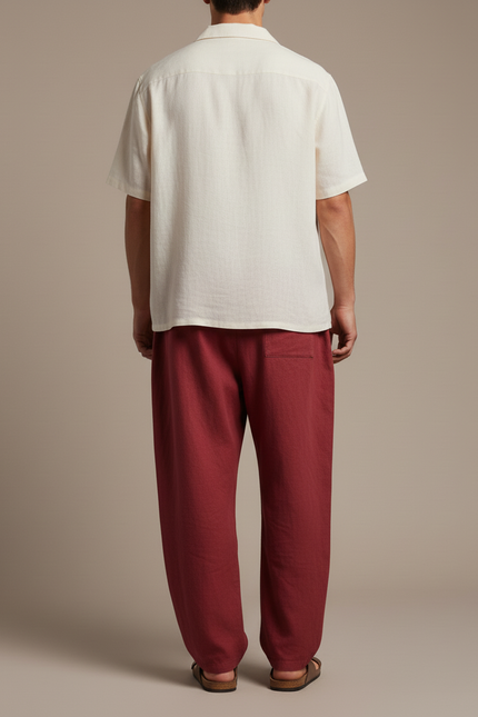 Pantalon Baggy Rouge Brique Ample Droit Lin Cordon - Bordeaux - vue 2