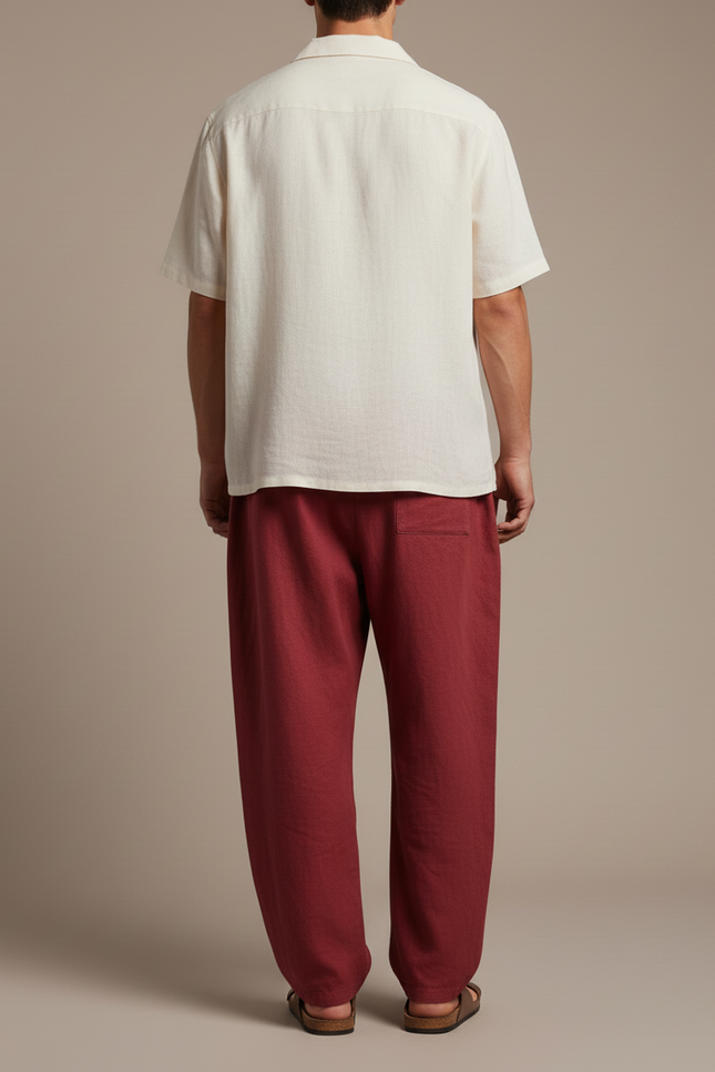 Pantalon Baggy Rouge Brique Ample Droit Lin Cordon - Bordeaux - vue 2
