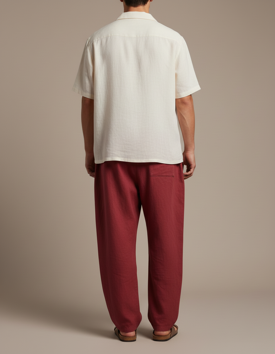 Pantalon Baggy Rouge Brique Ample Droit Lin Cordon - Bordeaux - vue 2