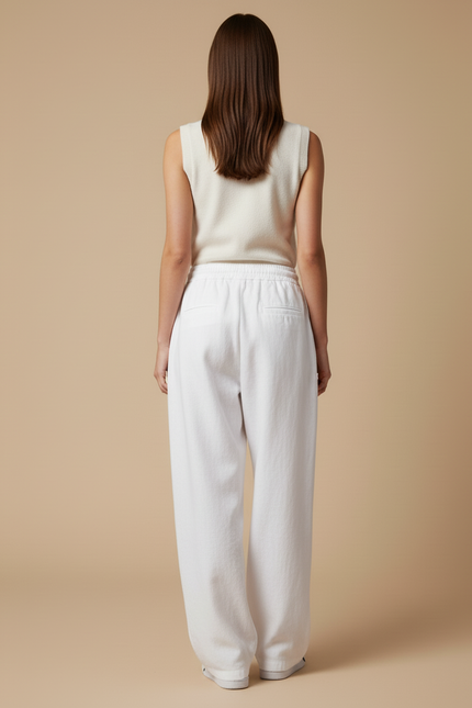 Pantalon Baggy Blanc Ample Cordon Décontracté Fluide - Lin - vue 2