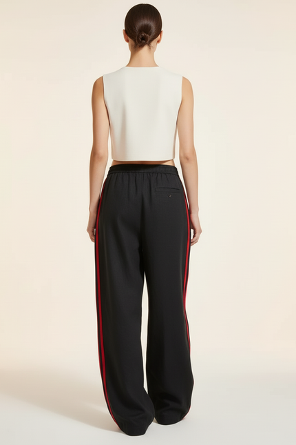 Pantalon Baggy Noir Rayures Rouges Fluide Décontracté - Lin - vue 2