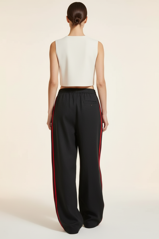 Pantalon Baggy Noir Rayures Rouges Fluide Décontracté - Lin - vue 2
