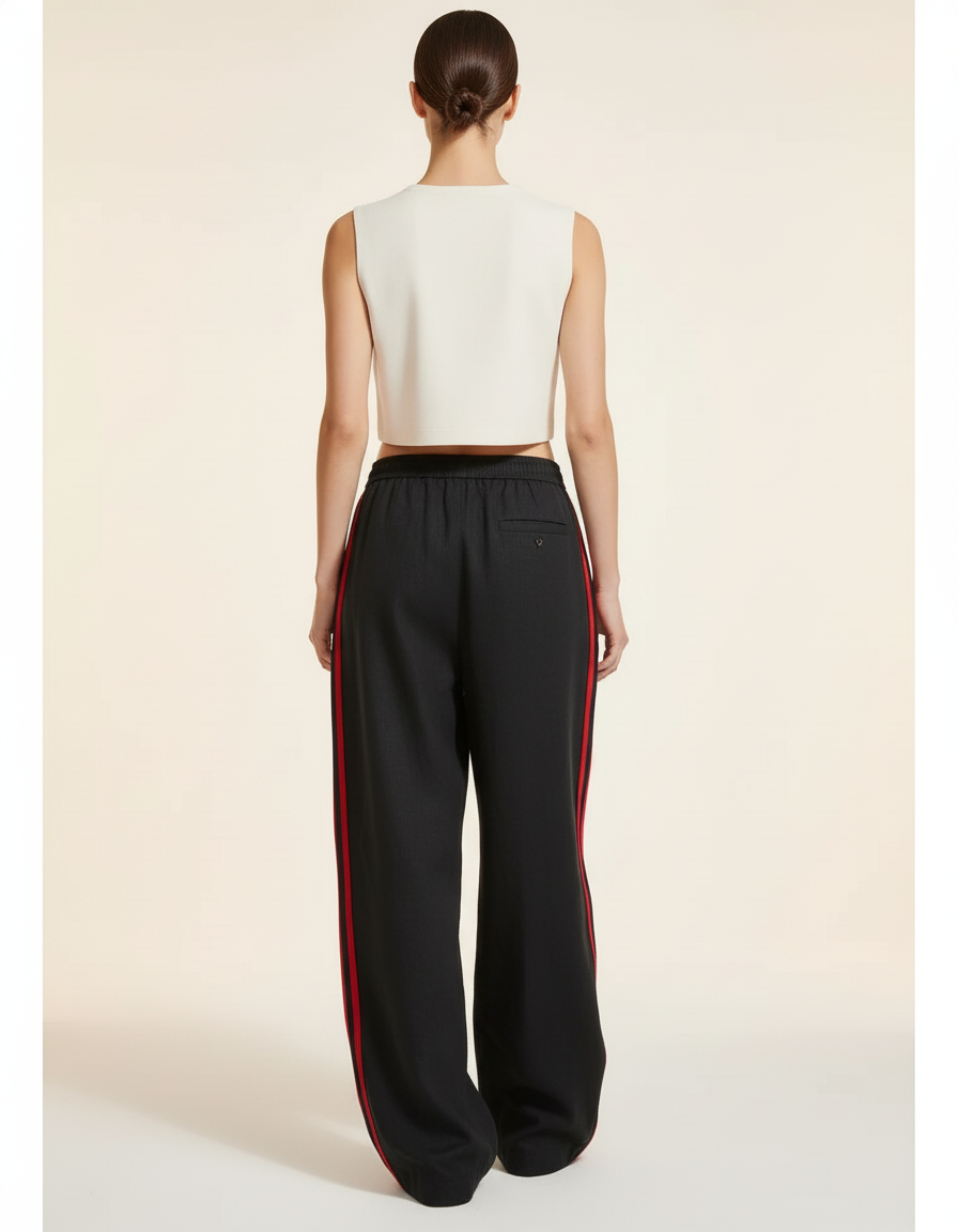 Pantalon Baggy Noir Rayures Rouges Fluide Décontracté - Lin - vue 2