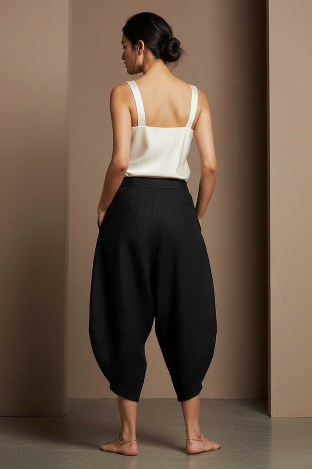 Pantalon Baggy Noir Lin Ample Harem Fluide Femme - vue 2