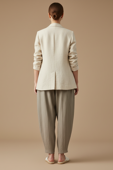 Pantalon Baggy Lin Plissé Gris Ample Décontracté Femme - vue 2