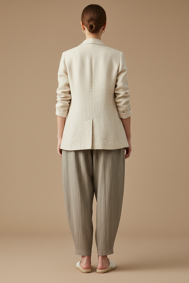 Pantalon Baggy Lin Plissé Gris Ample Décontracté Femme - vue 2