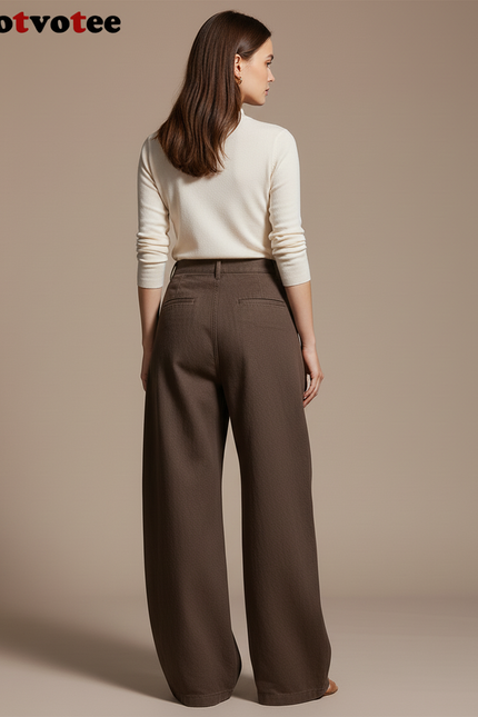 Pantalon Baggy Marron Taille Haute Ample Décontracté Femme - Toile - vue 2