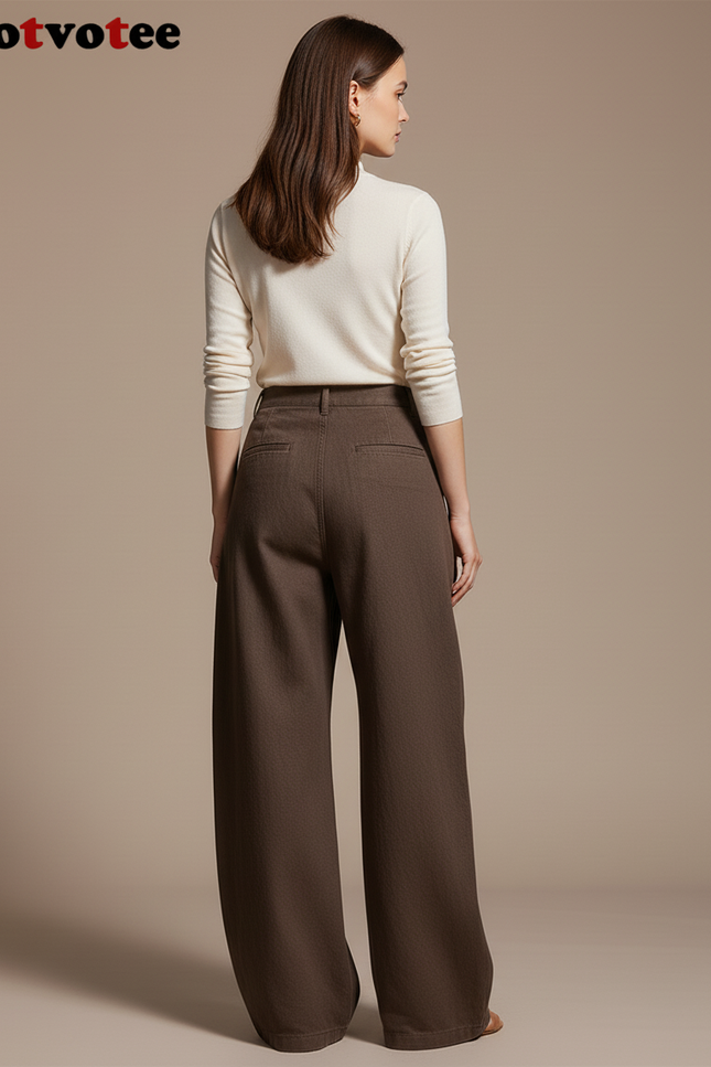 Pantalon Baggy Marron Taille Haute Ample Décontracté Femme - Toile - vue 2
