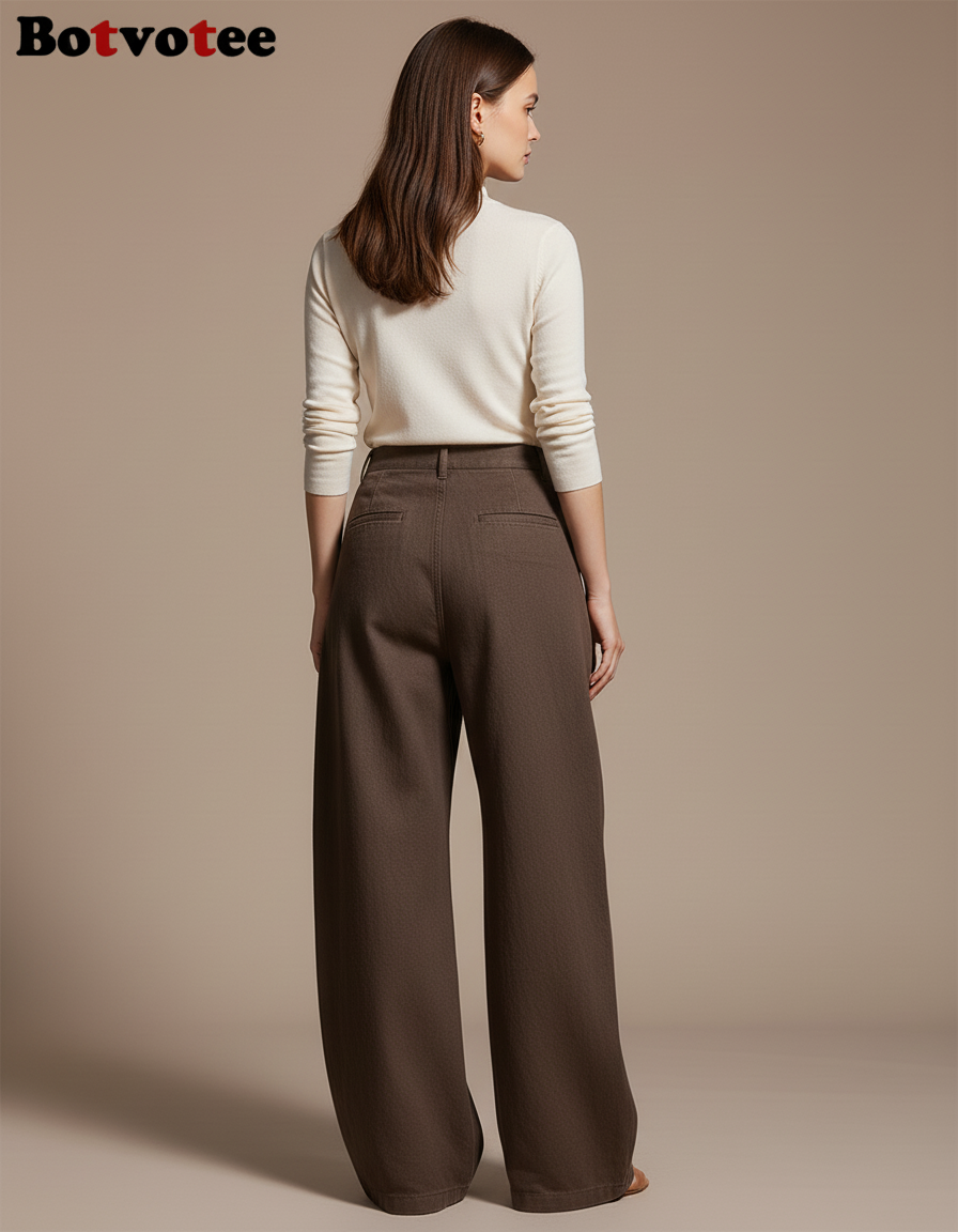 Pantalon Baggy Marron Taille Haute Ample Décontracté Femme - Toile - vue 2