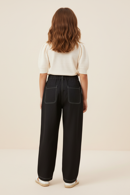 Pantalon Baggy Noir Ample Fluide Fille Couture Contrastée - Toile - vue 2