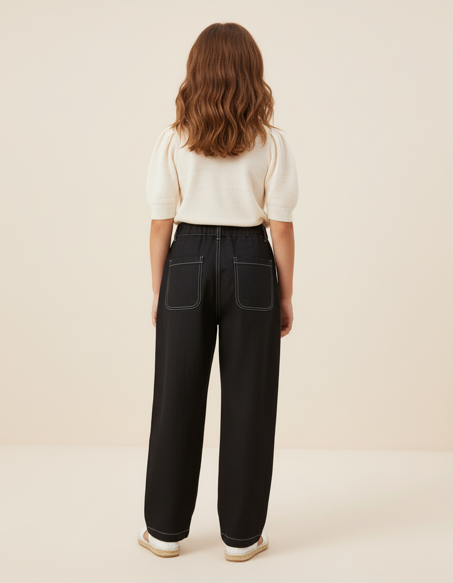 Pantalon Baggy Noir Ample Fluide Fille Couture Contrastée - Toile - vue 2