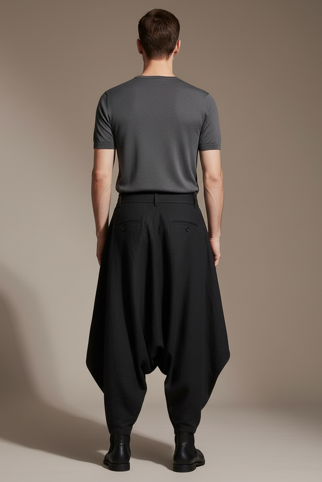 Pantalon Baggy Noir Ample Harem Asymétrique Moderne Homme - Lin - vue 2